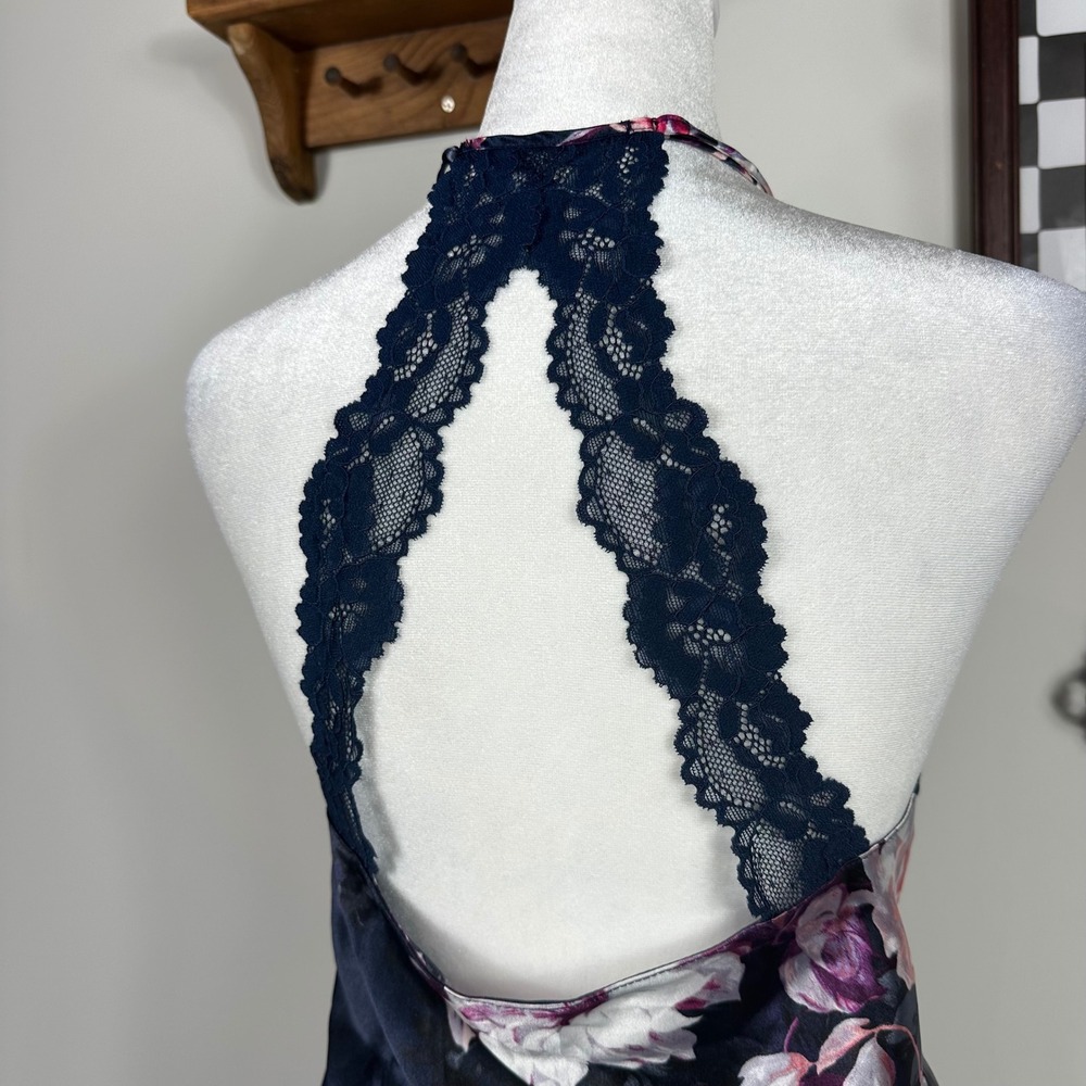 Lilac & London Navy Dark Floral Camisole & Short Satin Pajama Set w/ Lace Detail - Picture 3 of 7